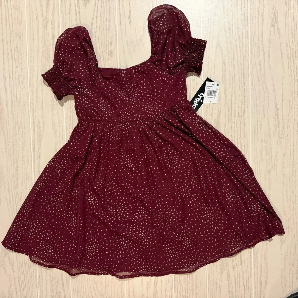 Trixxi Girl Burgundy Gold Dot Party Dress Size 8‎ Puff Sleeve Holiday NEW
